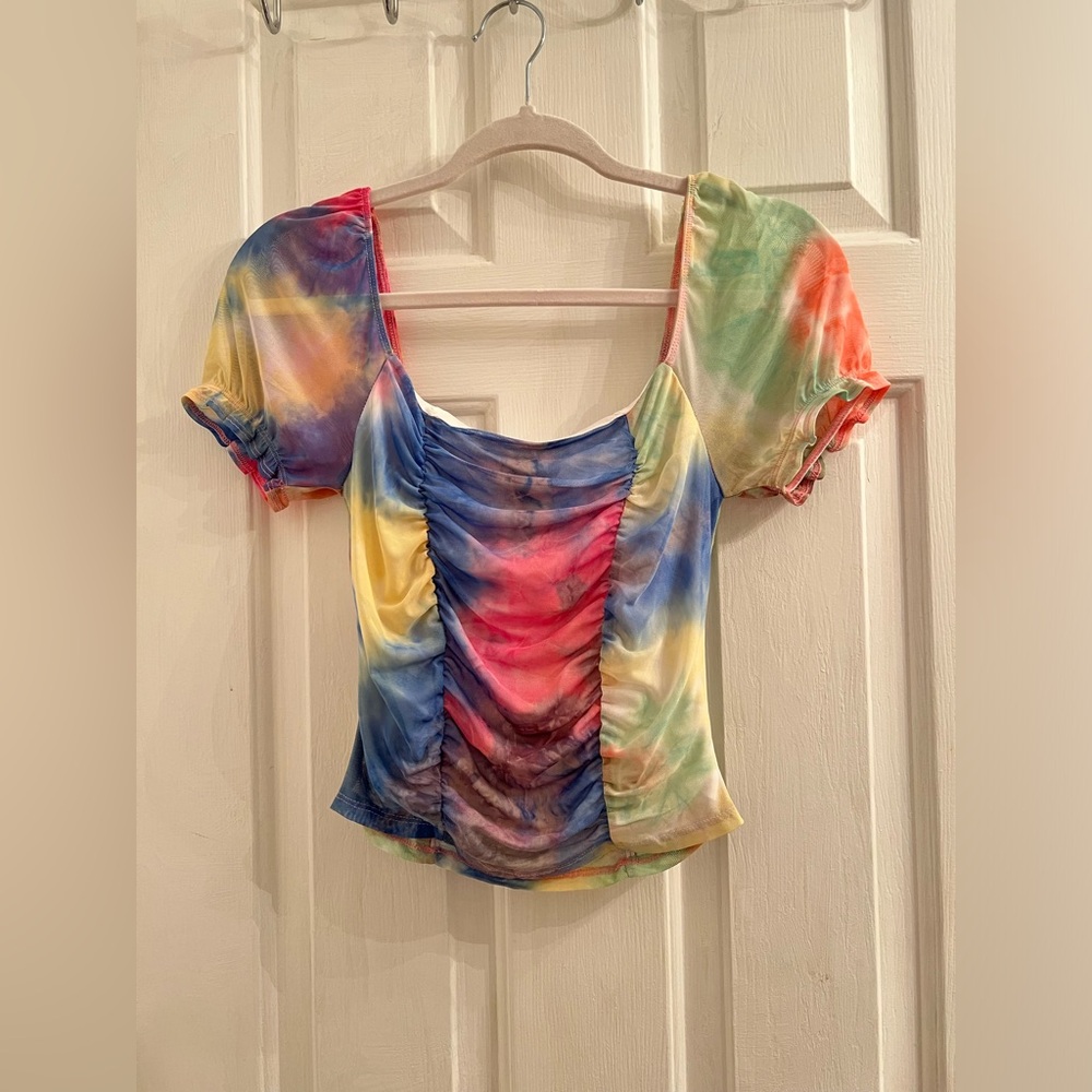 Size medium princess blouse bold tie dye splat colors blue pink green yellow
